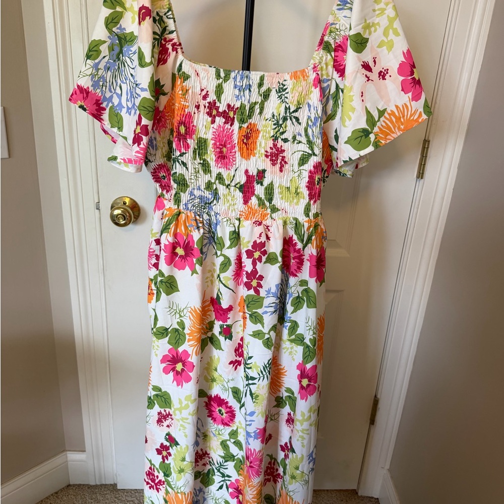 BloomChic White Dress with Pink, Orange and Green Floral Print